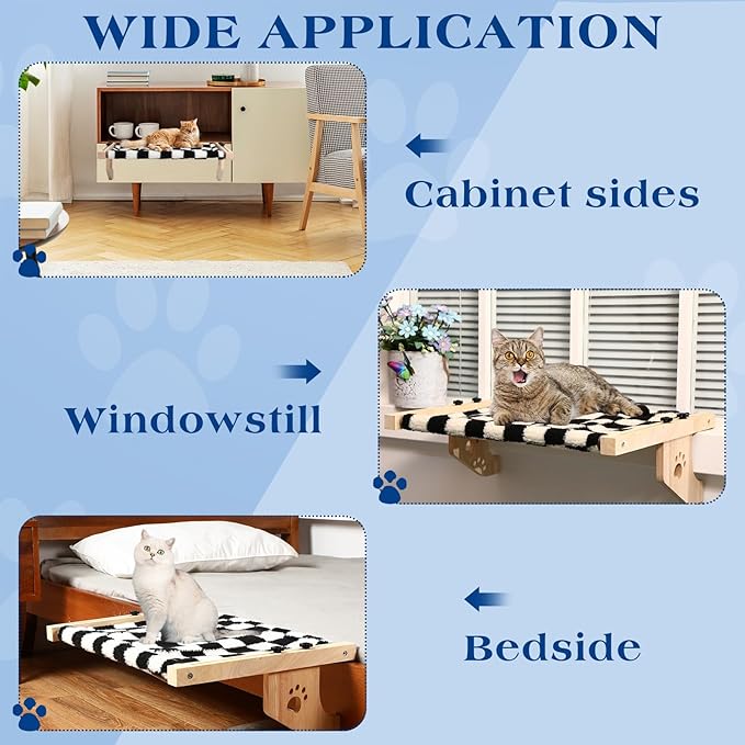 2 Set Cat Window Sill Perch with Sturdy Solid Wood Frame Cat Window Hammock with Flannel Mat Adjustable Cats Seat Bed Shelves for Windowsill, Bedside, Drawer and Cabinet up to 33 Lbs