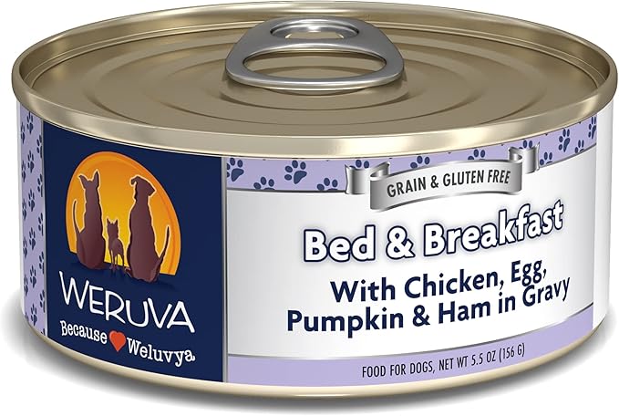 Weruva Classic Dog Food, Bed & Breakfast with Chicken, Egg, Pumpkin & Ham in Gravy, 5.5oz Can (Pack of 24), Blue