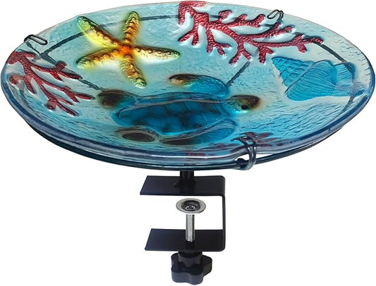 Deck Mounted Bird Bath for Outside, Sea Turtle Glass Bird Baths Bowl Bird Feeders Deck Birdbath for Outdoor Garden Decor, Railing Bird Bath for Deck, Balcony, Fence-Sea Turtle Blue