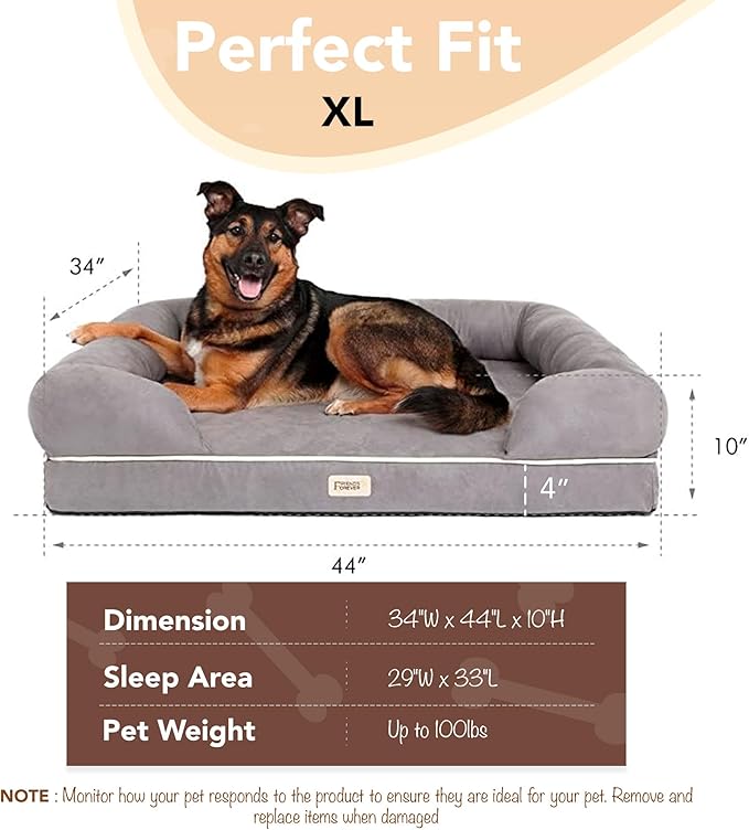 Friends Forever X-Large Dog Bed, Orthopedic Dog Sofa Memory Foam Mattress, Calming Dog Couch Bed, Wall Rim Pillow, Water Resistant Liner, Washable Cover, Non-Slip Bottom, Chester, X-Large Grey