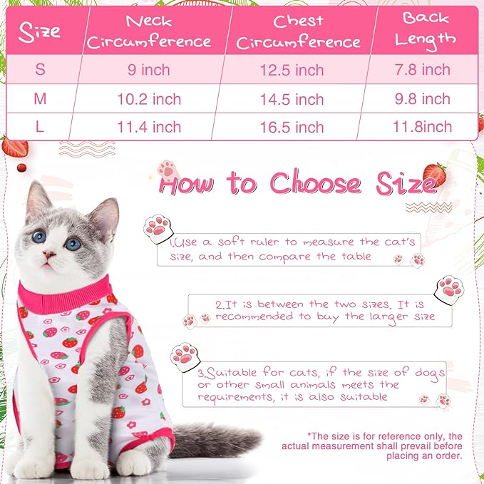 3 Pieces Cat Recovery Suit Kitten Recovery Suit E-Collar Alternative for Cats and Dogs Abdominal Skin Anti Licking Pajama Suit (Strawberry Pattern, Small)