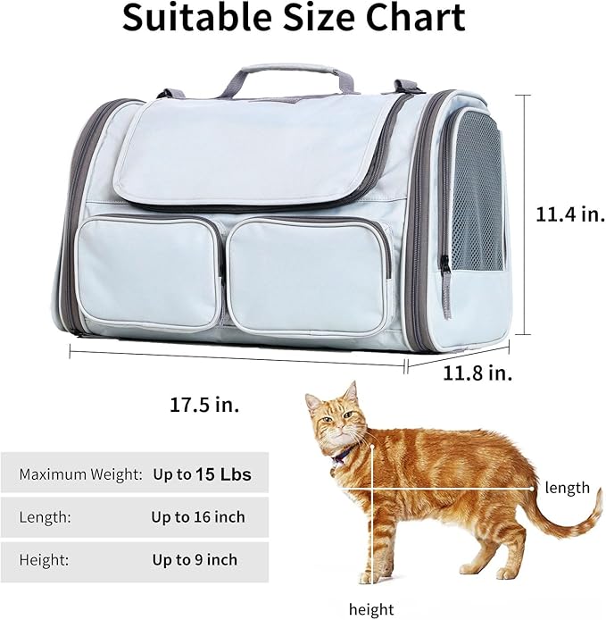 FUKUMARU Cat Carrier, Soft-Sided Small Dog Carrier, Large Cat Travel Bag with 4 Mesh Windows, Under 15 lb Airline Approved Pet Carrier with 4 Storage Pockets, Rollable Cover for Nervous Cats, Grey