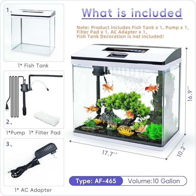 10 Gallon Glass Aquarium Fish Tank Starter Kit with Temperature and Time Display for Betta Fish Featuring Crystal Clear 360° Viewing, Eco-Cycle Filtration, Air Pump