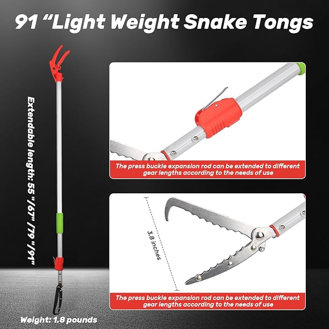 91 Inches Snake Grabber -Stainless Steel Snake Tongs Foldable with Lock Suitable for Catching Rattlesnakes and Coral Snakes Reptile