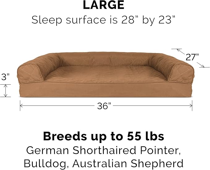 Furhaven Orthopedic Dog Bed for Large/Medium Dogs w/ Removable Bolsters & Washable Cover, For Dogs Up to 55 lbs - Quilted Sofa - Toasted Brown, Large