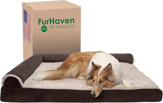 Furhaven Cooling Gel Dog Bed for Large Dogs w/ Removable Bolsters & Washable Cover, For Dogs Up to 125 lbs - Two-Tone Plush Faux Fur & Suede L Shaped Chaise - Espresso, Jumbo Plus/XXL