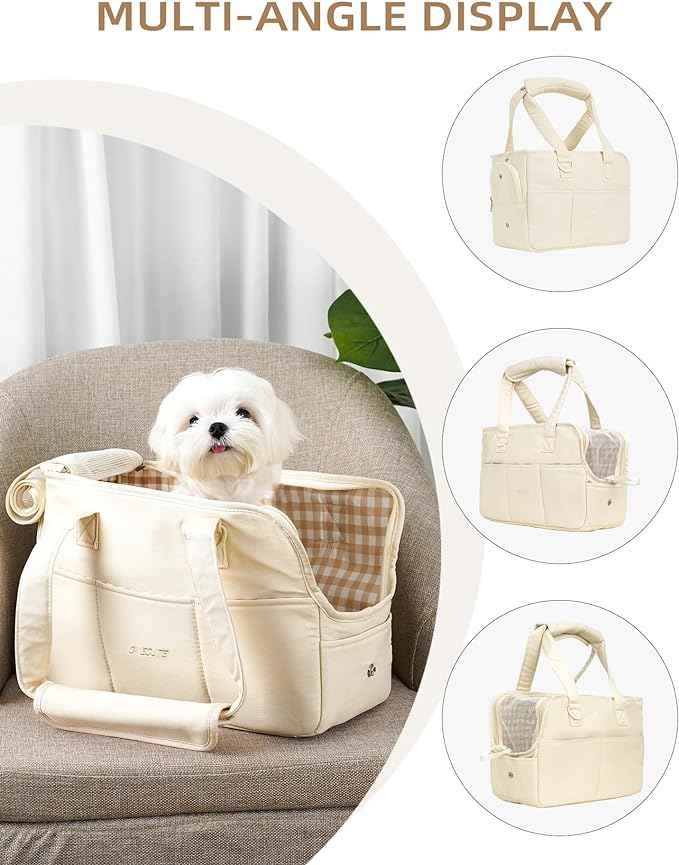 Dog Carrier for Small Dogs Rabbit cat with Large Pockets, Cotton Bag, Dog Carrier Soft Sided, Collapsible Travel Puppy Carrier (Beige, 17" L x 7.5" W x 12" H)