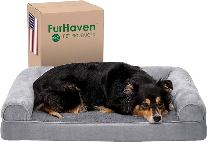 Furhaven Orthopedic Dog Bed for Large/Medium Dogs w/ Removable Bolsters & Washable Cover, For Dogs Up to 55 lbs - Plush & Suede Sofa - Gray, Large