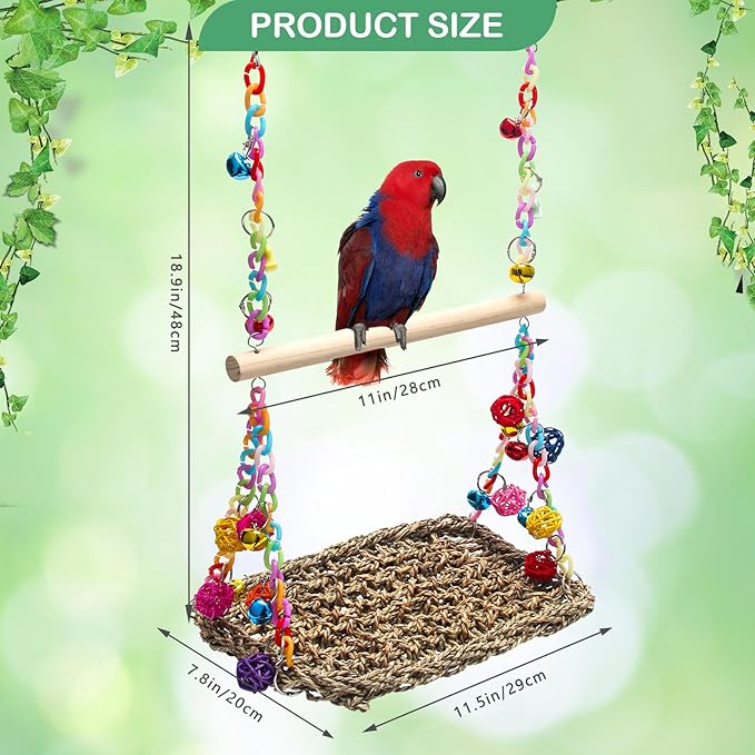 Bird Swing Toys with Wood Perch, AHIER Bird Seagrass Woven Hammock Swing Mat Bird Climbing Hammock Bird Perch Stand Chewing Toy for Parakeets, Budgie, Conure, Cockatiel, Lovebird