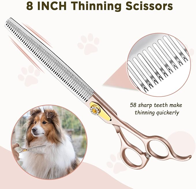 Gimars 8 Inch Professional 440C Stainless Steel Dog Grooming Scissors Heavy Duty 6 In 1 - Straight, Thinning, Chunker, Curved Shears and Comb, Ergonomic Pet Grooming Scissor for Dogs, Cats