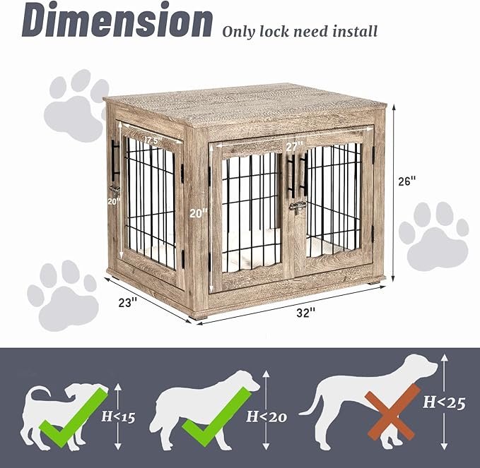 Dog Crate Furniture with Bed, Wooden Dog Kennel Furniture End Table Dog Crate with 3 Doors, Indoor Solid Wood Dog Cage