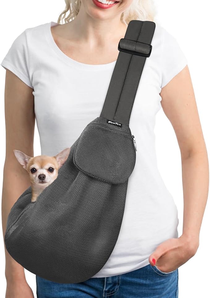 SlowTon Dog Carrier Sling - Thick Padded Adjustable Shoulder Strap Dog Carriers for Small Dogs, Puppy Carrier Purse for Pet Cat with Front Zipper Pocket Safety Belt Machine Washable (Grey Mesh S)