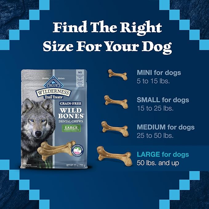 Blue Buffalo Wilderness Wild Bones Grain-Free Dental Chews Dog Treats, Large, 27-oz Bag