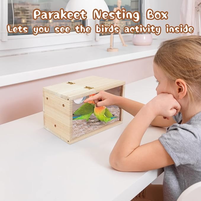 Parakeet Nesting Box Transparent Bird House for Cage Natural Wood Breeding Box for Parrot Parakeet Cockatiel Lovebirds Budgie Conure and Other Small Birds