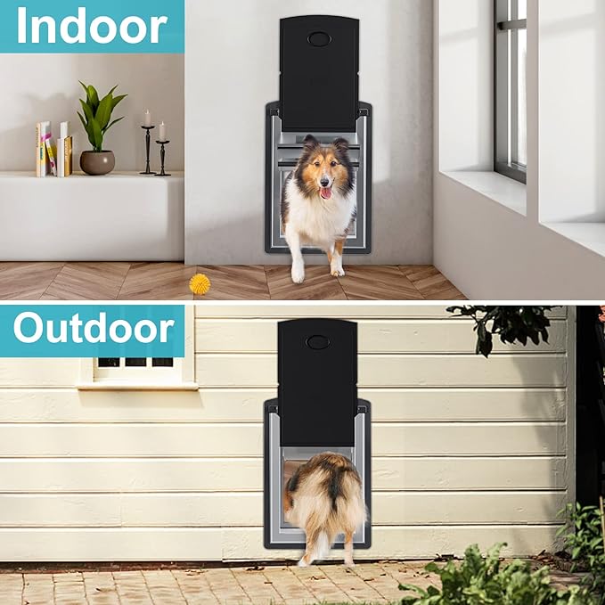 Dog Door for Exterior Wall, Metal Frame and Telescopic Tunnel Pet Door, Double-Sided Wind Deflector and Magnetic Flaps, Easy to Install, Grey (Pets Up to 120 Lb)-Large