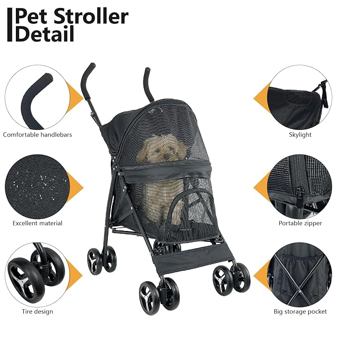 Umbrella shaped Lightweight 4 Wheel Dog Stroller for Medium Small Dogs, Portable Compact Pet Stroller with Breathable Mesh, Perfect for Travel,Jogging,up to 22lbs(Black)