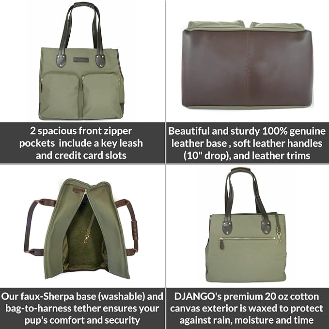 DJANGO Dog Carrier Bag - Waxed Canvas and Leather Soft-Sided Pet Travel Tote with Bag-to-Harness Safety Tether & Secure Zipper Pockets (Medium, Olive Green)