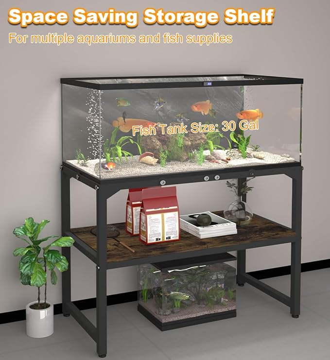 30 Gallon Fish Tank Stand with Shelf for Accessories Storage, 2 Tiers Heavy Duty Metal Aquarium Stand, Breeder Tank Turtle Reptile Terrariums Stand Rack for Home Office, 30" L x 12" W, Black