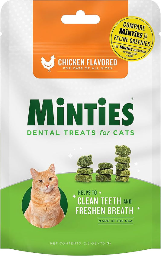 Minties Dental Treats for Cats, (Chicken/Salmon) Flavored Treats for Cats, Freshens Breath and Controls Tartar, 2.5oz