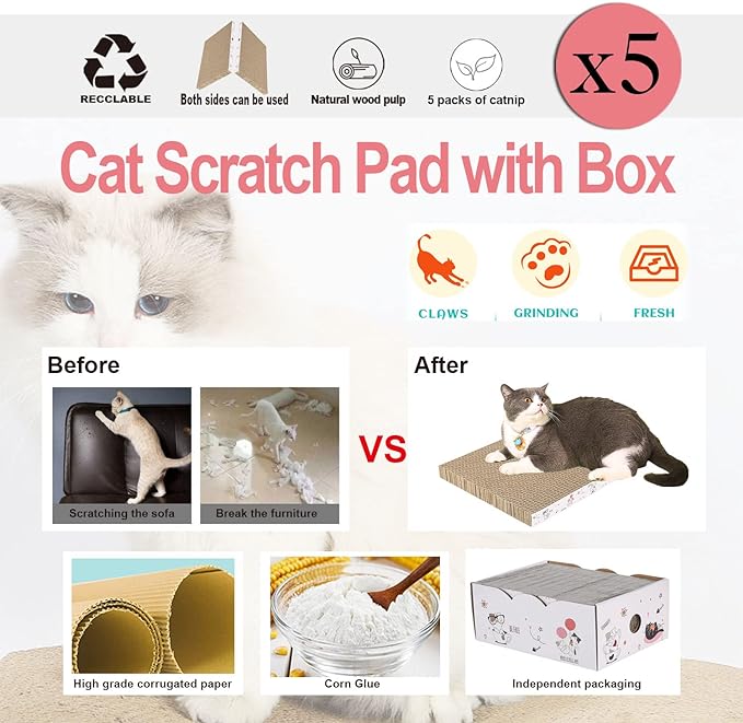 5 Packs in 1 Cat Scratch Pad with Box, Cat Scratcher Cardboard,Reversible,Durable Recyclable Cardboard, Suitable for Cats to Rest, Grind Claws and Play with Scratch Box