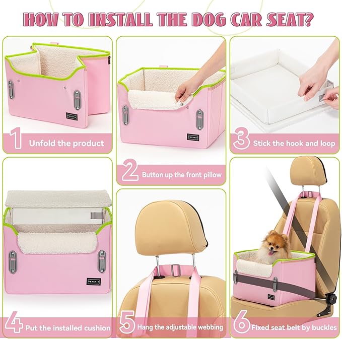 PETSFIT Small Dog Car Seat, Puppy Portable Dog Booster seat for Car with Clip-On Leash, Adjustable Straps Suitable for Small Pets Up to 25lbs (Pink)