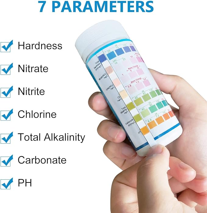 Aquarium Test Strips for Freshwater Fish: 7 in 1 Fish Tank Water Testing Kit for Aquarium Pond - Accurate Testing Nitrate Nitrite Hardness Free Chlorine pH Carbonate Total Alkalinity-100 Strips