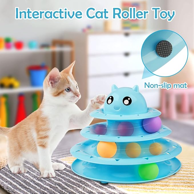 UPSKY 20 PCS Cat Toys, Cat Roller Toy 3-Level Turntable Cat Toys Balls for Indoor Cats, Kitten Toys Set with Cat Teaser Toys, Mice Toys, Spring toys, and Various Ball Toys.