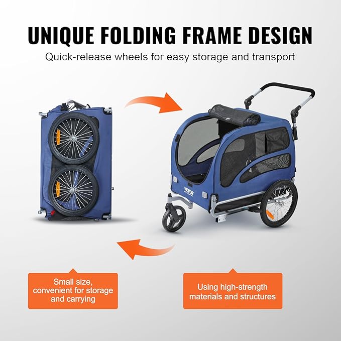 VEVOR Dog Bike Trailer, Supports up to 66/88/100 lbs, 2-in-1 Pet Stroller Cart Bicycle Carrier, Easy Folding Cart Frame with Quick Release Wheels, Universal Bicycle Coupler, Reflectors, Flag