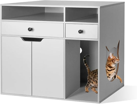 DOUSY- Wooden Cat Litter Box Enclosure, Hidden Litter Box Furniture Enclosed Cat Washroom Storage Cabinet with Storage Drawers, Open Compartments, Air Vents, for Living Room, Bedroom, Grey