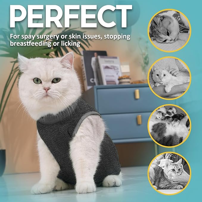 Avont Cat Recovery Suit - Kitten Onesie for Cats After Surgery, Cone of Shame Alternative Surgical Spay Suit for Female Cat, Post-Surgery or Skin Diseases Protection -Darkgrey(S)