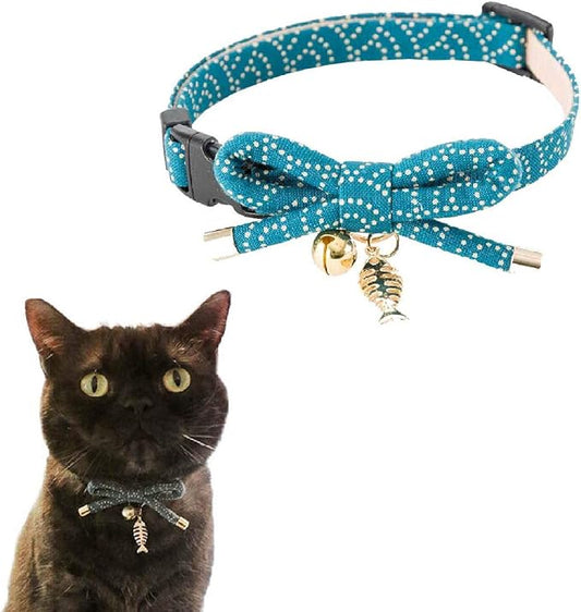 Necoichi Zen Fish Charm Cat Collar (Blue) with Bell Safety Breakaway Soft Lightweight for Cats Kitty Kitten Japanese Stylish Pattern, No.1 Seller in Japan