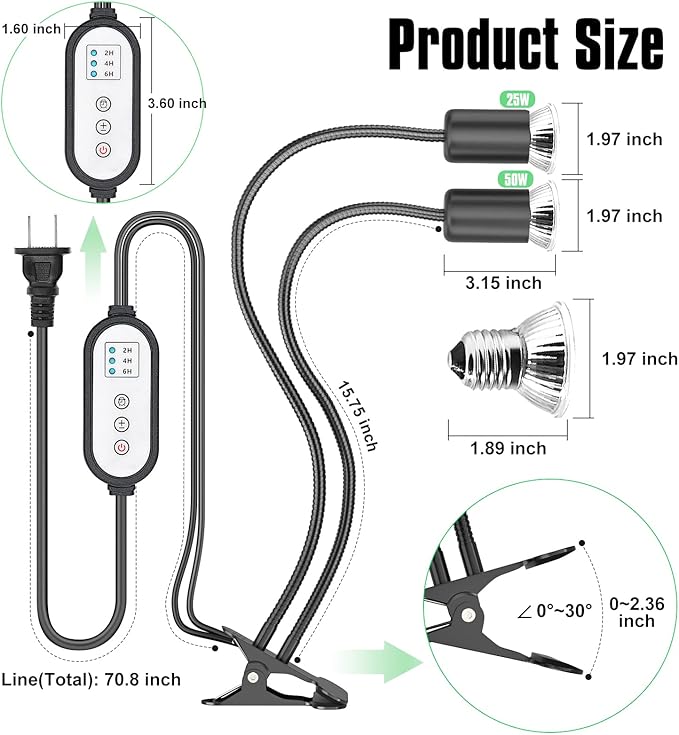 Reptile Heat Lamp, Dual-Head UVA/B Reptile Light with Cycle Timer, Basking Light for Reptile Turtle Bearded Dragon Lizards Snake, E26/27 Base with 4 Bulbs (2PCS 25W and 2PCS 50W)