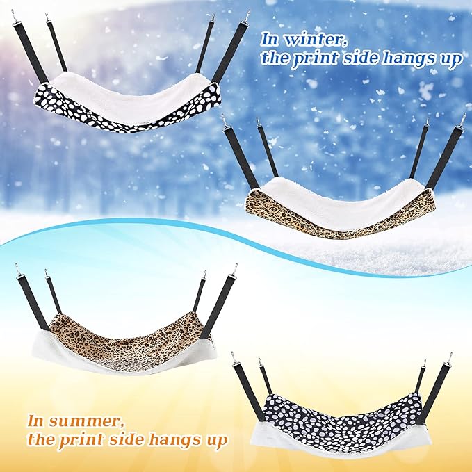 2 Pieces Reversible Cat Hanging Hammock Soft Breathable Pet Cage Hammock with Adjustable Straps and Metal Hooks Double-Sided Hanging Bed for Cats Small Dogs Rabbits (Leopard and Dot,S)