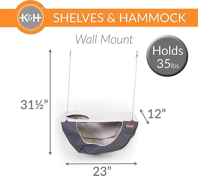 K&H Pet Products Wall Mount Cat Shelf Plus Cat Hammock for Large Cats, Kitten & Adulate Wall Cat Tree Furniture Activity Center Playground for Indoor Cats - Single Shelf Gray/Natural 23 X 12 Inches