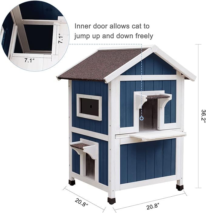 HiCaptain Weatherproof Cat House for Outdoor, 2 Story Feral Cat House with Balcony and Escape Door, Outside Wooden Pet Shelter for Small Animal-Blue