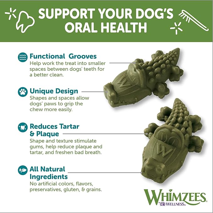 WHIMZEES by Wellness Alligator Natural Dental Chews for Dogs, Long Lasting Treats, Grain-Free, Freshens Breath, Large Breed, 6 count