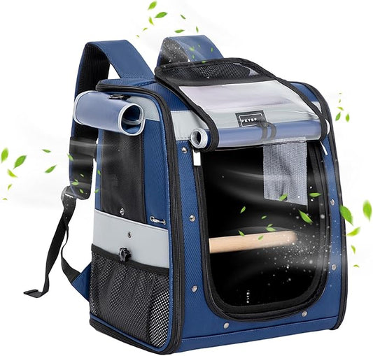 Petsfit Bird Backpack with Anti-Pecking Band, Medium Size with 2 Level Height to Adjust Standing Perch and Shade Cover Blue