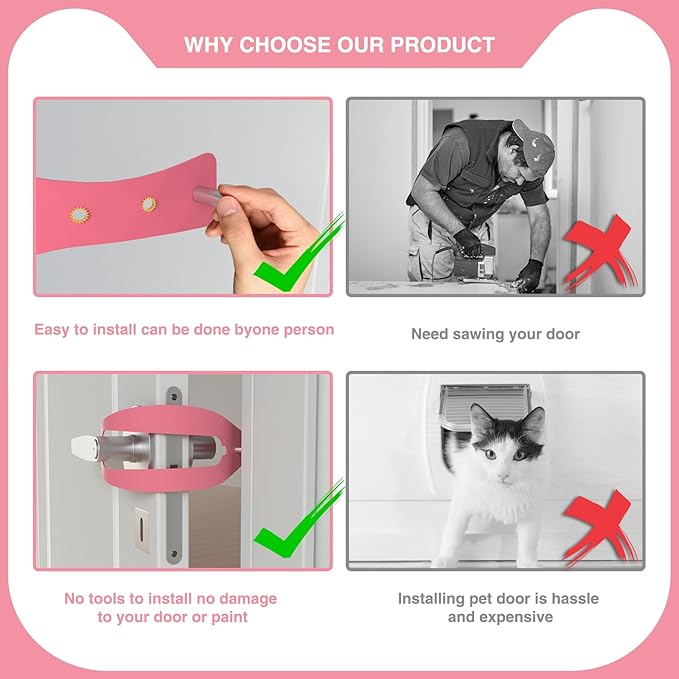 Cat Door Holder Latch Larger Adjustable Cat Door Alternative Fast Latch Strap Let Cats in and Keeps Dogs Out of Litter & Food and Safe Baby Proof No Measuring Easy to Install 3 Pcs Pink