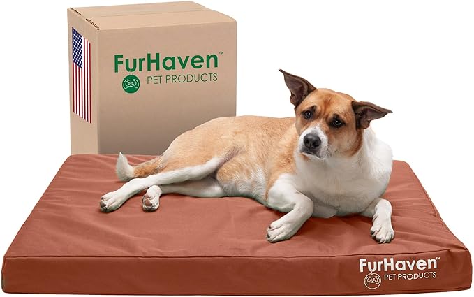 Furhaven Water-Resistant Cooling Gel Dog Bed for Large/Medium Dogs w/ Removable Washable Cover, For Dogs Up to 55 lbs - Indoor/Outdoor Logo Print Oxford Polycanvas Mattress - Chestnut, Large