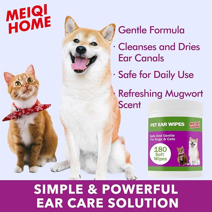 180 Count Dog Ear Cleaner Wipes , Dog Ear Wipes , Gently Remove Ear Wax, Debris - Soothes & Relieves Ear Itching, Fresh Mugwort Scent, All Natural Ingredients，Safe & Gentle Ear Wipes for Dogs & Cats