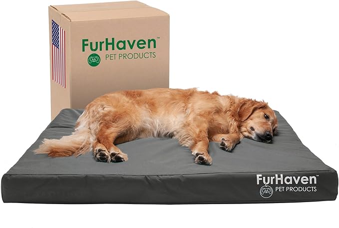 Furhaven Water-Resistant Memory Foam Dog Bed for Large Dogs w/ Removable Washable Cover, For Dogs Up to 95 lbs - Indoor/Outdoor Logo Print Oxford Polycanvas Mattress - Stone Gray, Jumbo/XL