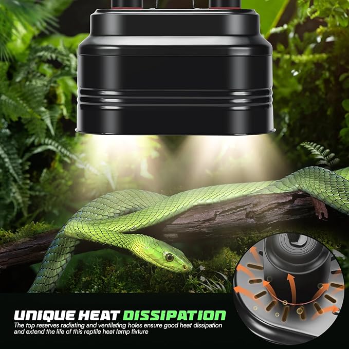 Dual Reptile Light Fixture with Thermostat Switch and Independent Switch, Deep Dome Reptile Heat Lamp Fixture Optical Reflector Lampshade for Bearded Dragon, Amphibians, Tortoise (Max 160W)