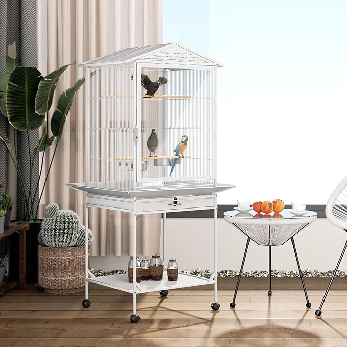 MoNiBloom 54 Inch Bird Cage w/Acrylic Door, Open Top Roof Birdcage for Finches Canaries Lovebirds Medium Small Parrots, Flight Birdcage w/Rolling Stand, White