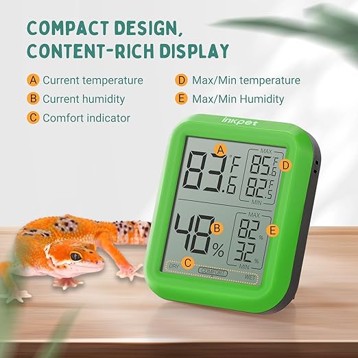 Reptile Thermometer Hygrometer with Max/min Record High-Accuracy Digial Display Ideal for Reptile Terrarium, Tank, Pet Rearing Box, Bearded Dragon, Leopard Gecko