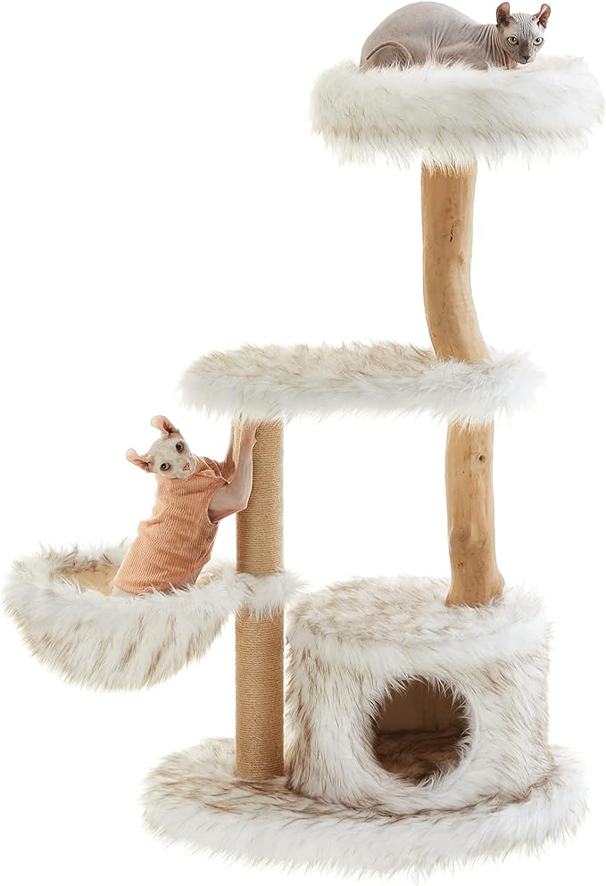 Feandrea Modern Cat Tree, Wood Cat Tower for Large Cats up to 22 lb, 48.4-Inch Luxury Cat Condo with Scratching Post, Perch, Cave, Basket, White UPCT144W01