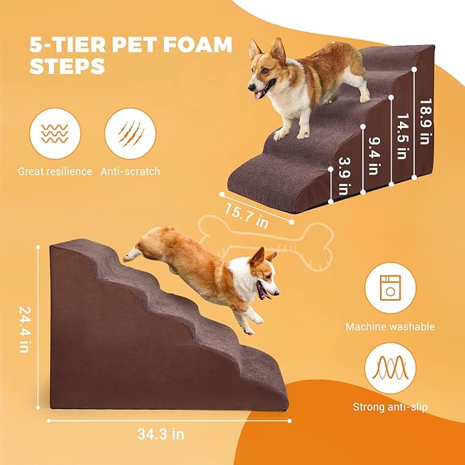 Foam 5 Tier Dog Steps&Stairs for High Beds 25 inches High, Tall Extra Wide Pet Stairs/Steps for High Beds/Bedsides,Non-Slip Dog Ramps for Small Older Dogs Cats(Chocolate Brown)