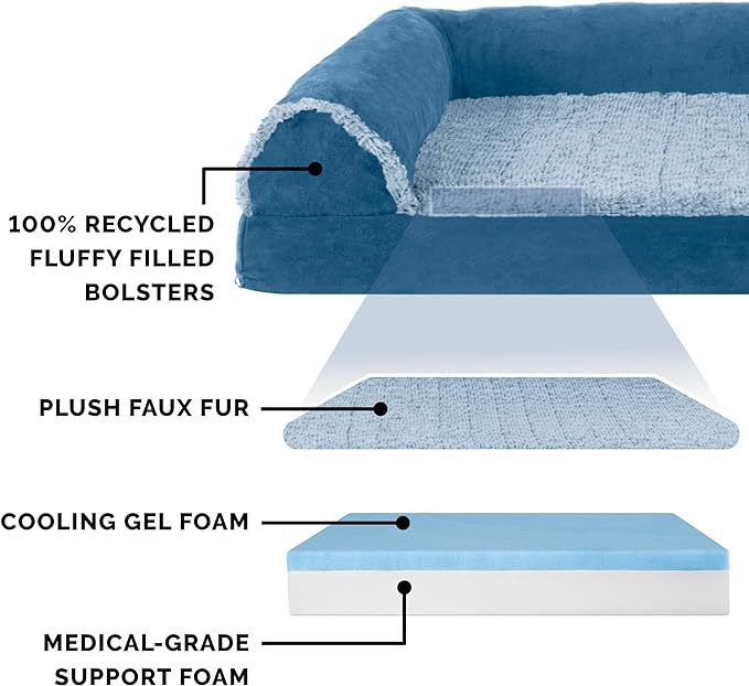Furhaven Cooling Gel Dog Bed for Large/Medium Dogs w/ Removable Bolsters & Washable Cover, For Dogs Up to 55 lbs - Two-Tone Plush Faux Fur & Suede L Shaped Chaise - Marine Blue, Large
