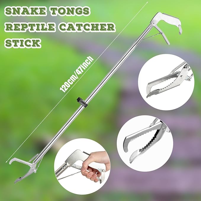 2 Pcs 47 Inches Snake Tongs, Snake Grabber Tool, Stainless Steel Snake Pole, Foldable Collapsible Wide Jaw Grabber for Rattlesnake Reptile