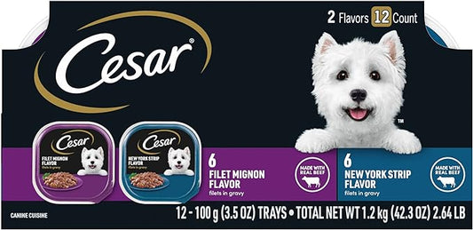 CESAR Filets in Gravy Adult Wet Dog Food Variety Pack, Filet Mignon and New York Strip Flavors, 3.5 oz Trays, 12 Count