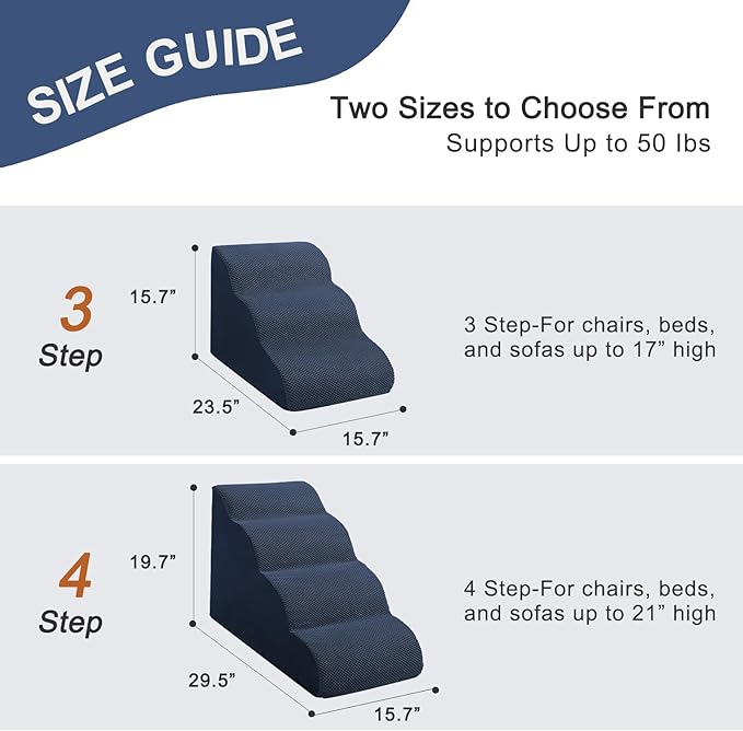 Dog Stairs Ramps for Small Medium Dogs to Beds and Couches Up to 18'', Dog Steps with Sturdy High-Density Foam, Pet Stairs with Non-Slip Bottom for Puppy and Cats, Gift Hair Remover Roller, Navy Blue